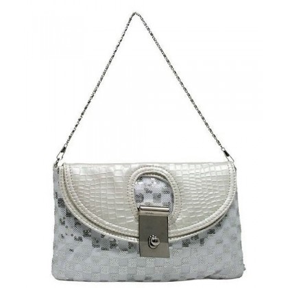 Evening Bag - 12 PCS - Sequined Checker w/ Croc Embossed Dual Flap - Silver - BG-CE9913SV